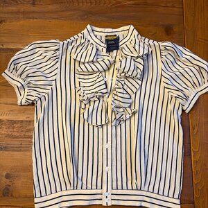 100% Silk Ralph Lauren Rugby Striped Ruffle Blouse